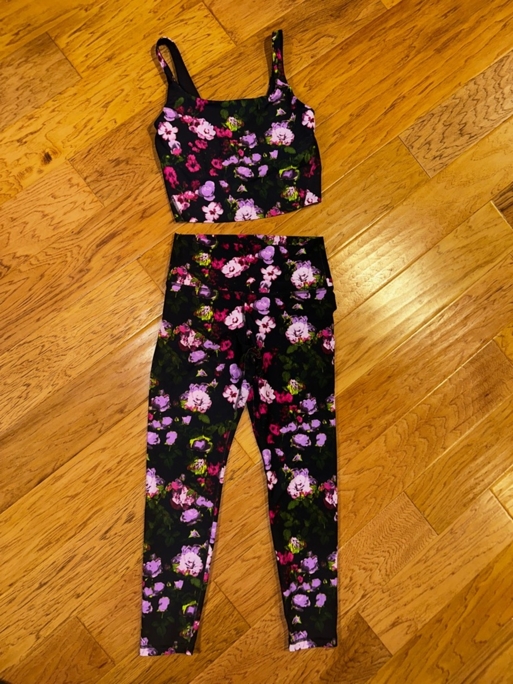 Old Navy Active Black Floral Sports Bra with Pink & Purple leggings
